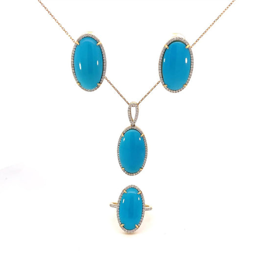 SET DE COLLAR , ARETES Y ANILLO CON TURQUESA Y DIAMANTES