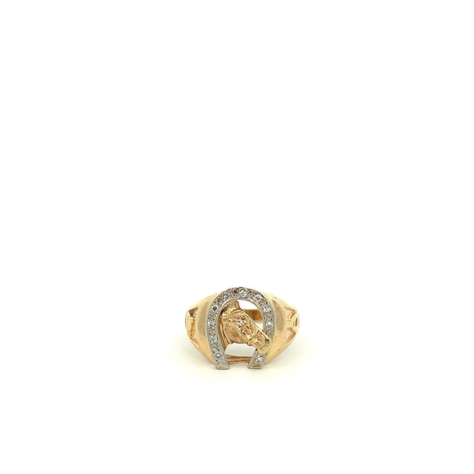 ANILLO DE CABALLERO HERRADURA CON  CABALLO Y DIAMANTES