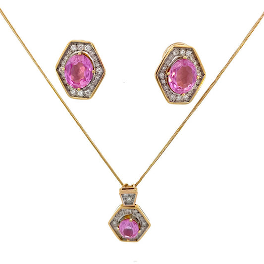 SET DE ARETES, ANILLO Y DIJE CON ZAFIRO ROSADO Y DIAMANTES