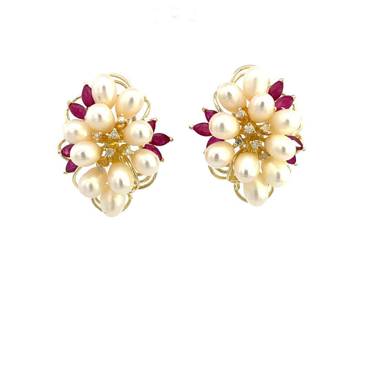 ARETES DE PERLAS CON RUBIES Y DIAMANTES