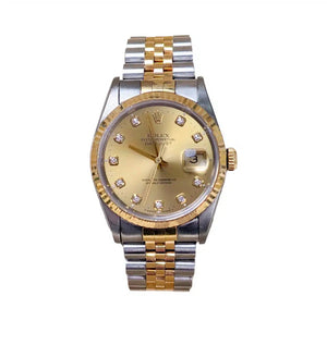ROLEX DATE JUST 36 MM ACERO Y ORO AMARILLO CON 10 DIAMANTES EN LA ESFERA PULSO JUBILEE
