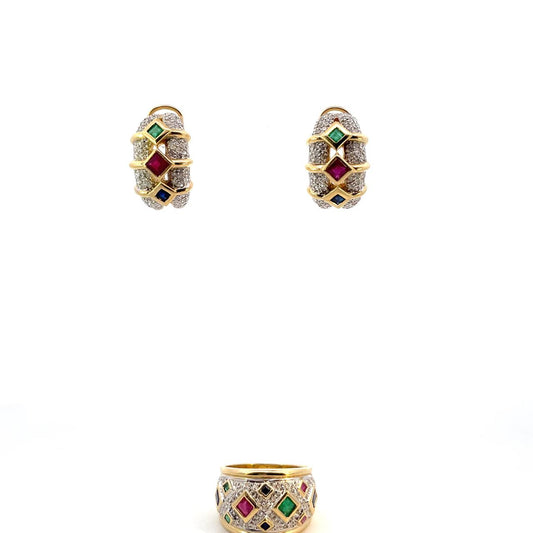 SET DE ARETES Y ANILLO DE RUBIES,ESMERALDAS, ZAFIROS  CON DIAMANTES