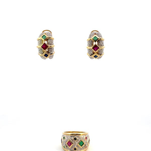 SET DE ARETES Y ANILLO DE RUBIES,ESMERALDAS, ZAFIROS  CON DIAMANTES