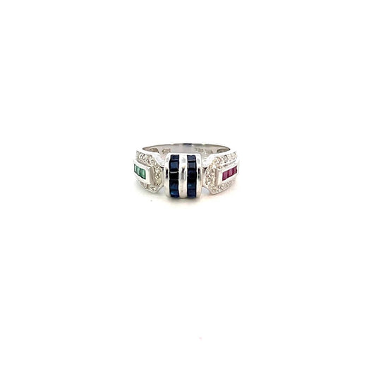 ANILLO CON DIAMANTES , RUBIES , ESMERALDA Y ZAFIROS