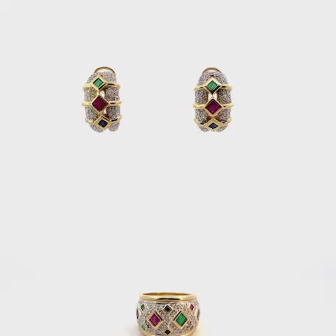 SET DE ARETES Y ANILLO DE RUBIES,ESMERALDAS, ZAFIROS  CON DIAMANTES